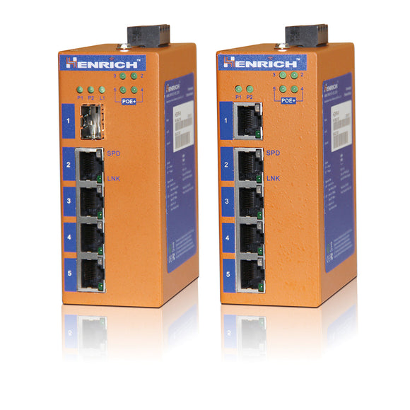 HES5A-ST-VLW -  DIN-Rail Unmanaged, 4 x  100Mbps Copper Port, 1 x Fiber Port, Multi Mode 2KM, ST Interface, Wide Temperature